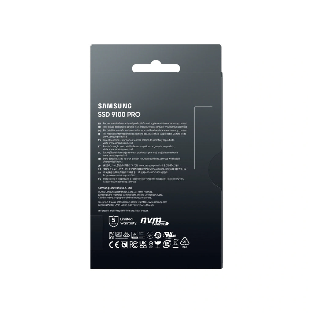 Samsung 9100 PRO 4 To — dos de l’emballage du SSD M.2 NVMe PCIe 5.0 x4 sur fond blanc carré — réf. MZ-VAP4T0BW
