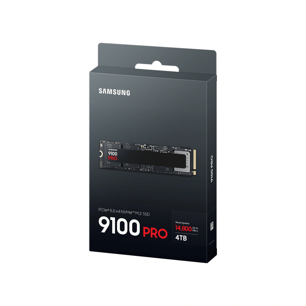 Samsung 9100 PRO 4 To — emballage en perspective du SSD M.2 NVMe PCIe 5.0 x4 sur fond blanc carré — réf. MZ-VAP4T0BW