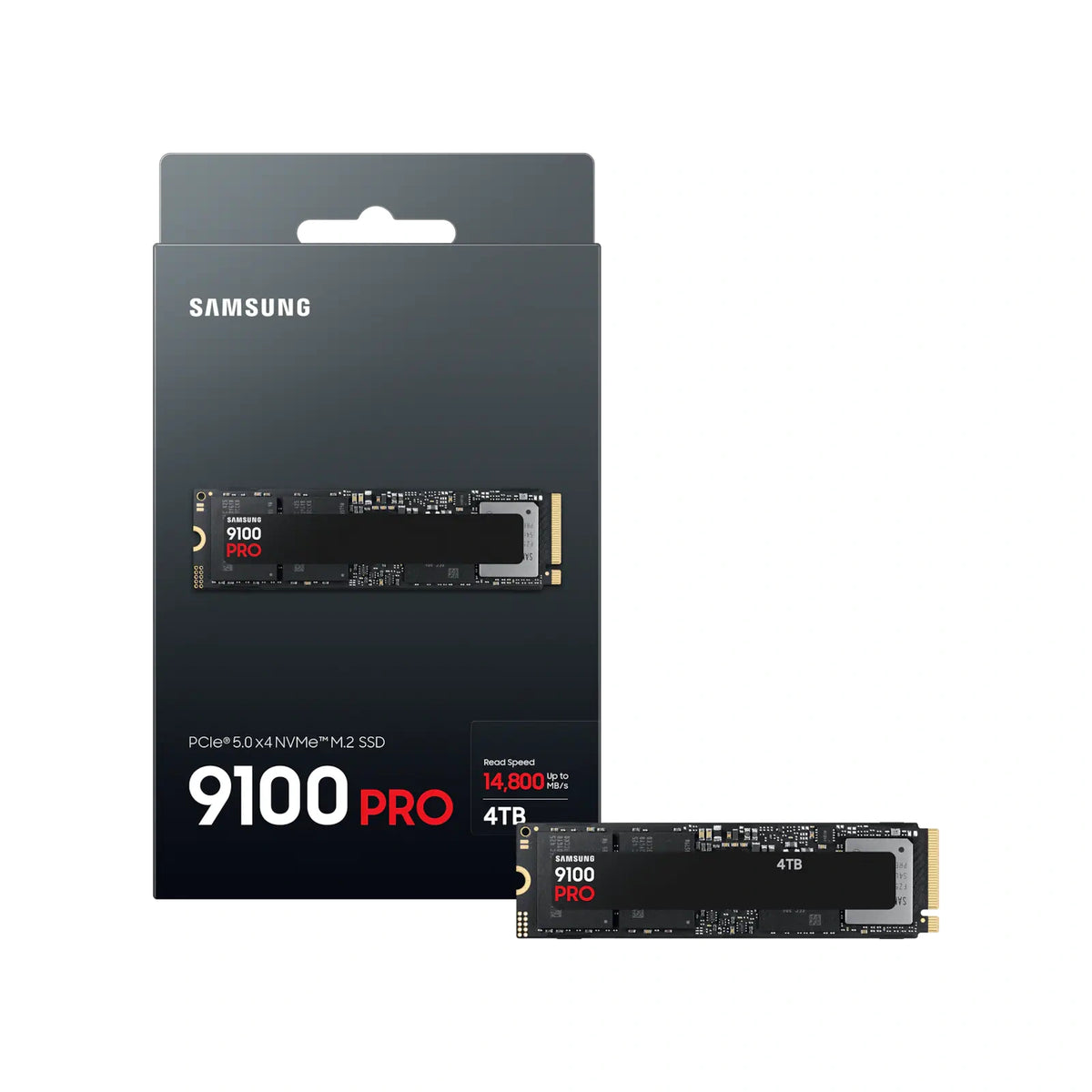 Samsung 9100 PRO 4 To — contenu de la boîte du SSD M.2 NVMe PCIe 5.0 x4 sur fond blanc carré — réf. MZ-VAP4T0BW