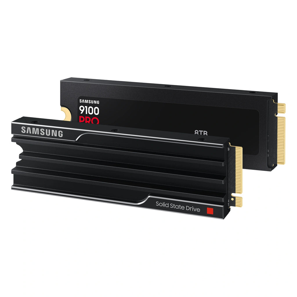 Samsung 9100 PRO 8 To avec dissipateur — double vue du SSD avec dissipateur du SSD M.2 NVMe PCIe 5.0 x4 sur fond blanc carré — réf. MZ-VAP8T0CW