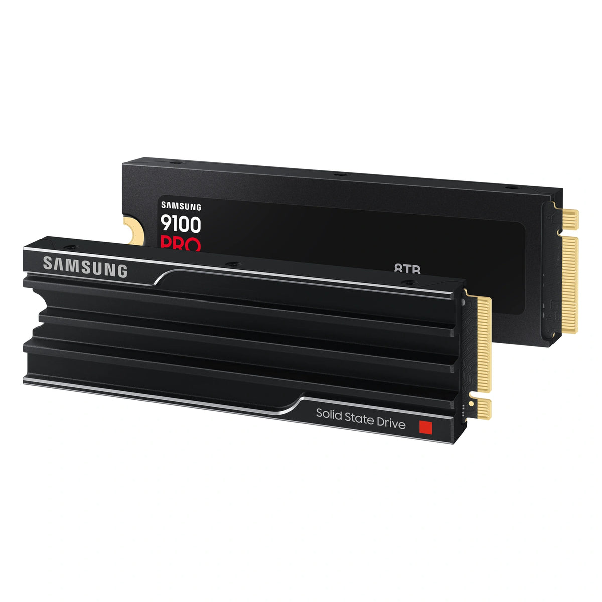 Samsung 9100 PRO 8 To avec dissipateur — double vue du SSD avec dissipateur du SSD M.2 NVMe PCIe 5.0 x4 sur fond blanc carré — réf. MZ-VAP8T0CW