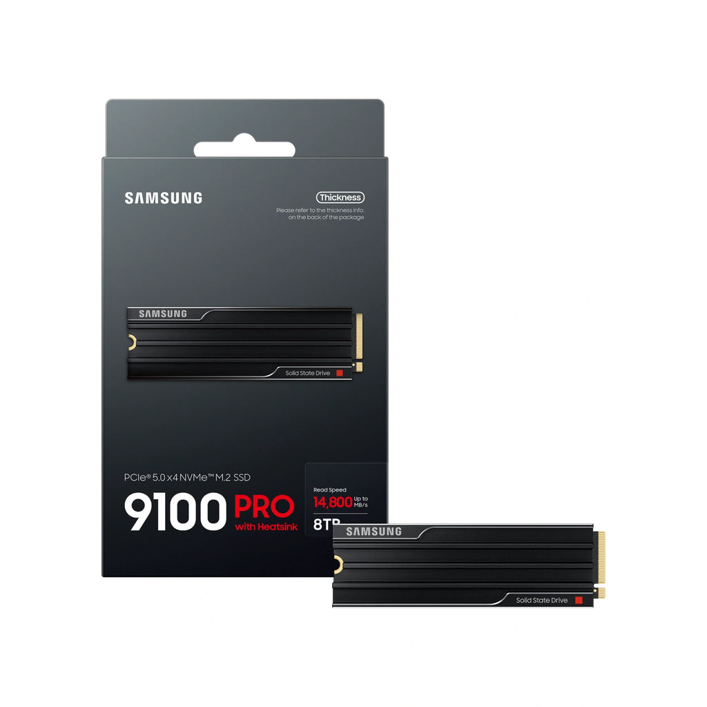 Samsung 9100 PRO 8 To avec dissipateur — contenu de la boîte du SSD M.2 NVMe PCIe 5.0 x4 sur fond blanc carré — réf. MZ-VAP8T0CW