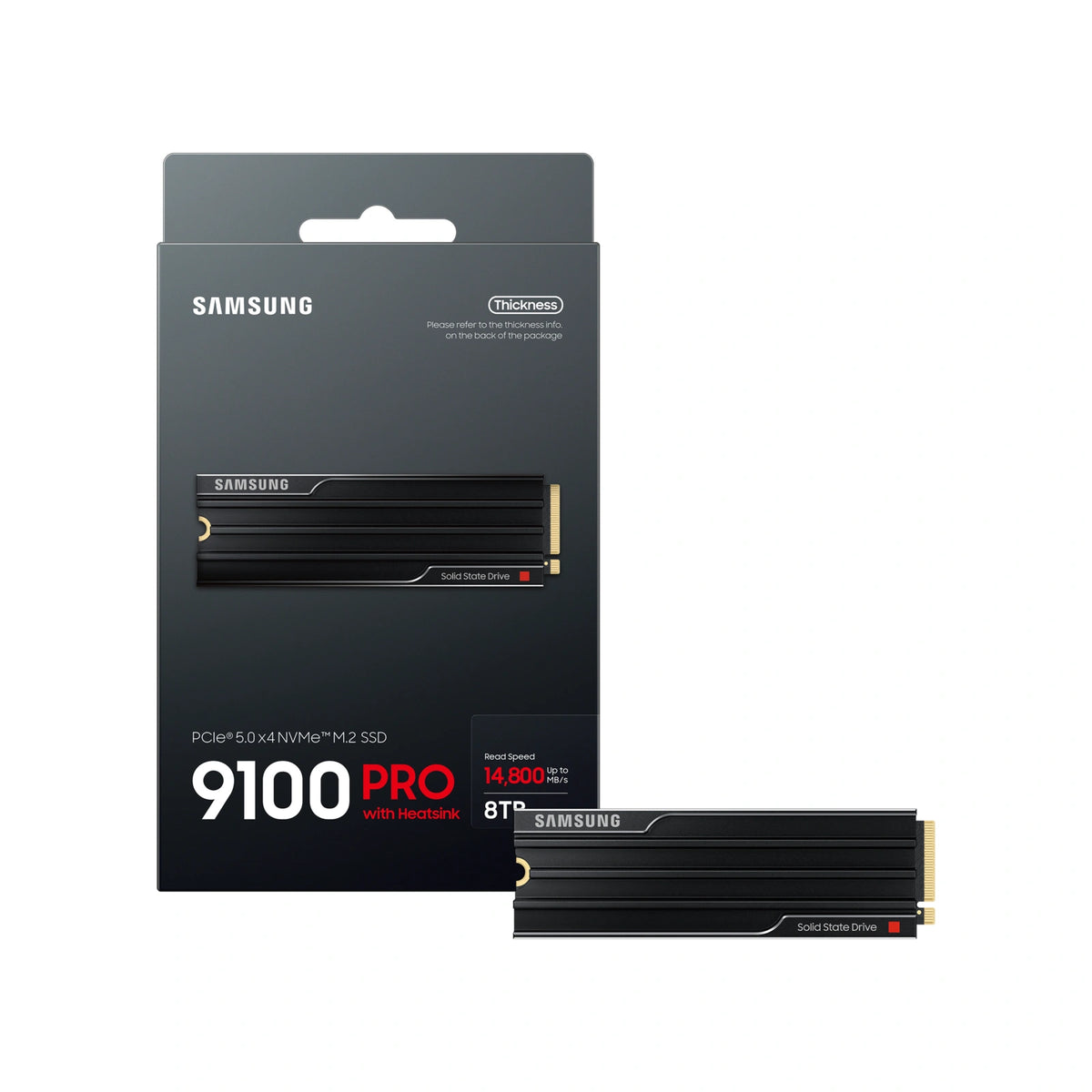 Samsung 9100 PRO 8 To avec dissipateur — contenu de la boîte du SSD M.2 NVMe PCIe 5.0 x4 sur fond blanc carré — réf. MZ-VAP8T0CW