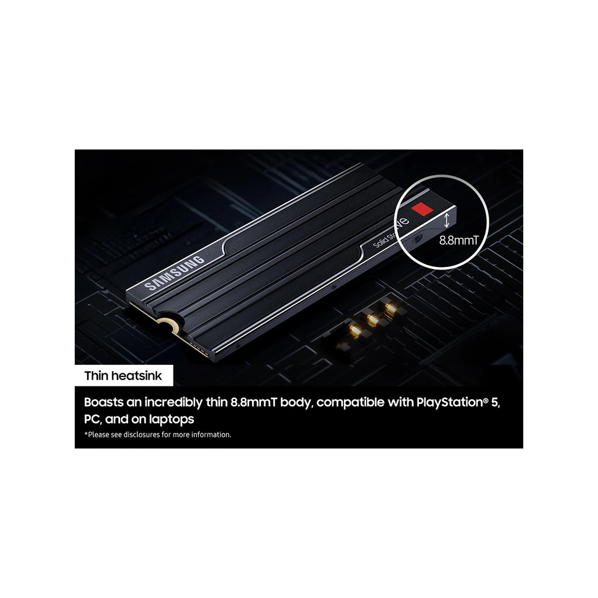 Samsung 9100 PRO 8 To avec dissipateur — dissipateur fin et compatibilité PlayStation 5 du SSD M.2 NVMe PCIe 5.0 x4 sur fond blanc carré — réf. MZ-VAP8T0CW