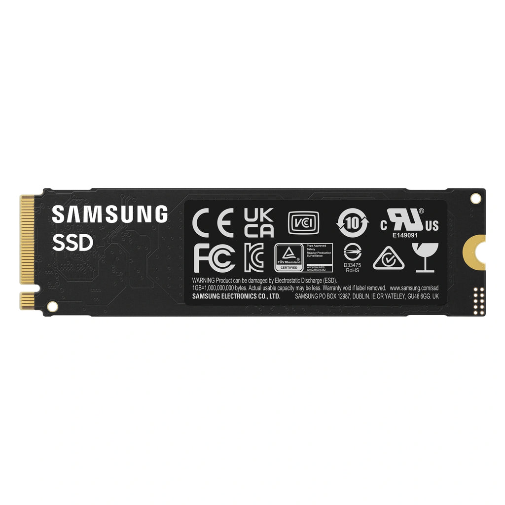 Samsung 990 EVO Plus 1 To — vue arrière du SSD M.2 NVMe PCIe 4.0 x4 / 5.0 x2 sur fond blanc carré — réf. MZ-V9S1T0BW