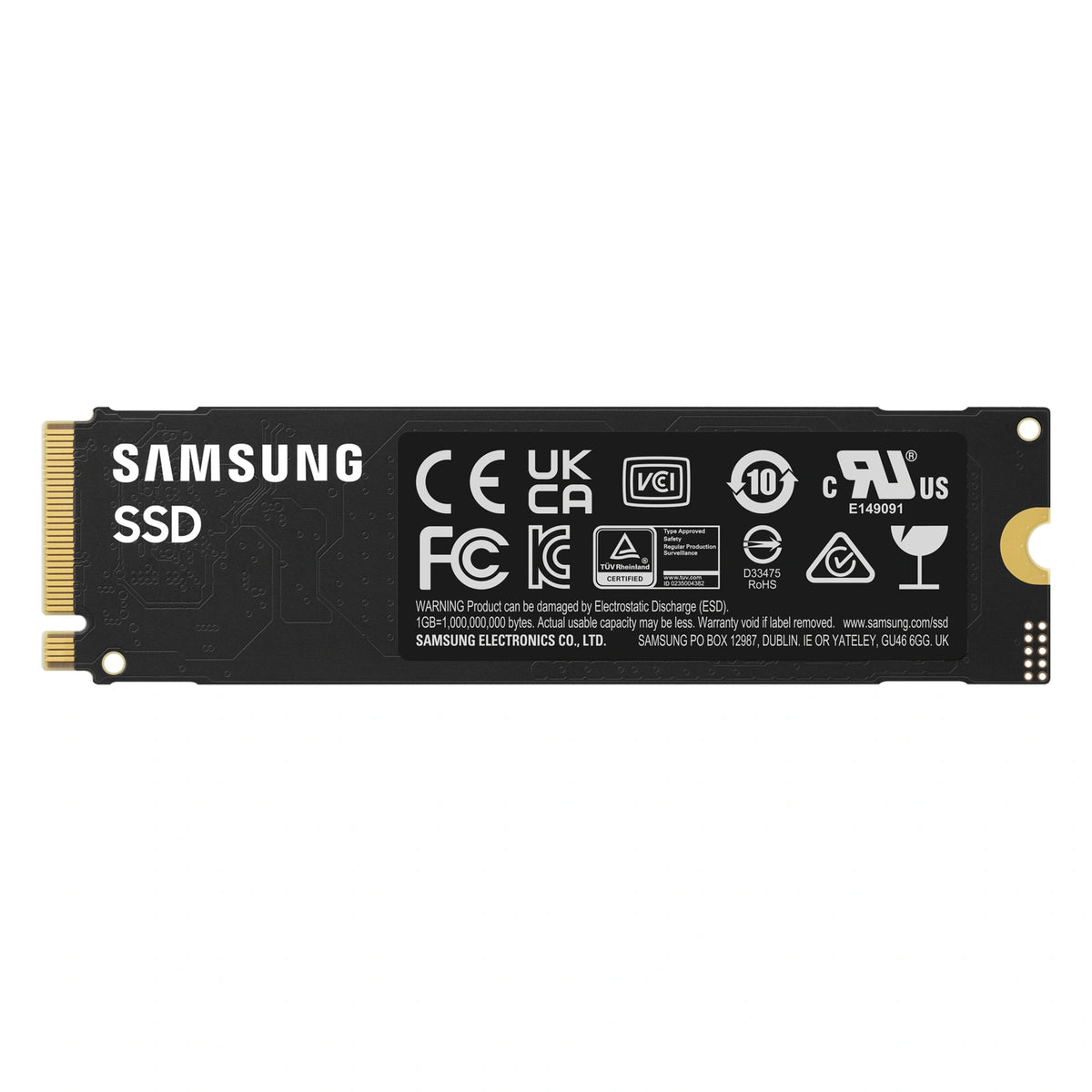Samsung 990 EVO Plus 1 To — vue arrière du SSD M.2 NVMe PCIe 4.0 x4 / 5.0 x2 sur fond blanc carré — réf. MZ-V9S1T0BW