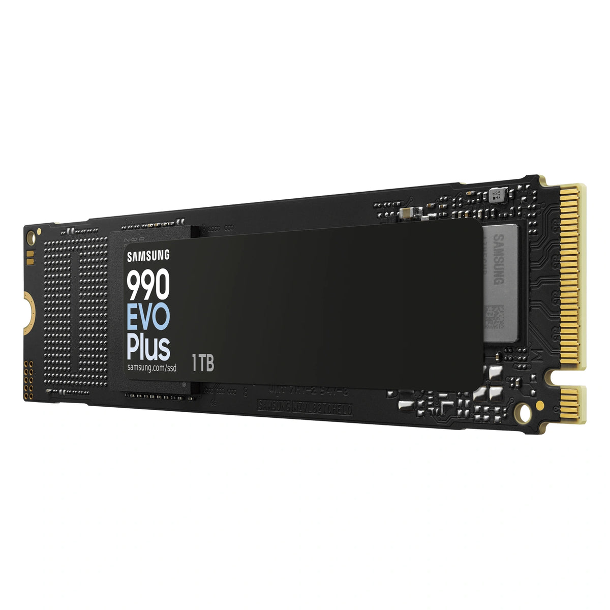 Samsung 990 EVO Plus 1 To — vue en perspective droite du SSD M.2 NVMe PCIe 4.0 x4 / 5.0 x2 sur fond blanc carré — réf. MZ-V9S1T0BW
