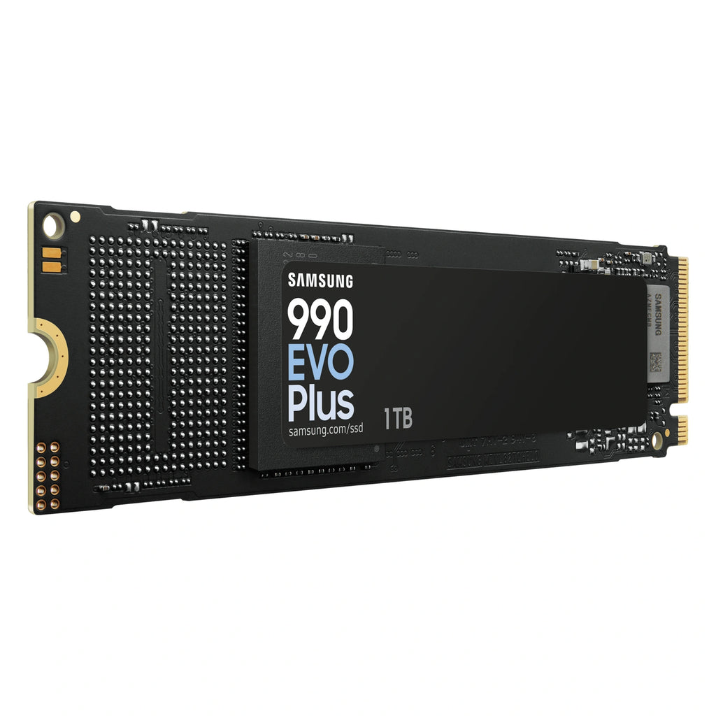 Samsung 990 EVO Plus 1 To — vue en perspective gauche du SSD M.2 NVMe PCIe 4.0 x4 / 5.0 x2 sur fond blanc carré — réf. MZ-V9S1T0BW