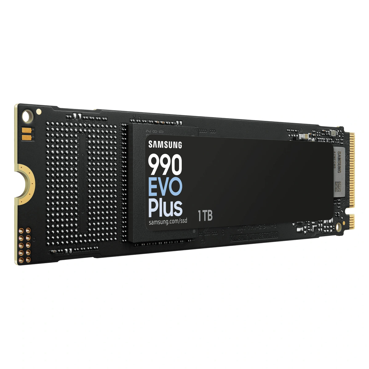 Samsung 990 EVO Plus 1 To — vue en perspective gauche du SSD M.2 NVMe PCIe 4.0 x4 / 5.0 x2 sur fond blanc carré — réf. MZ-V9S1T0BW