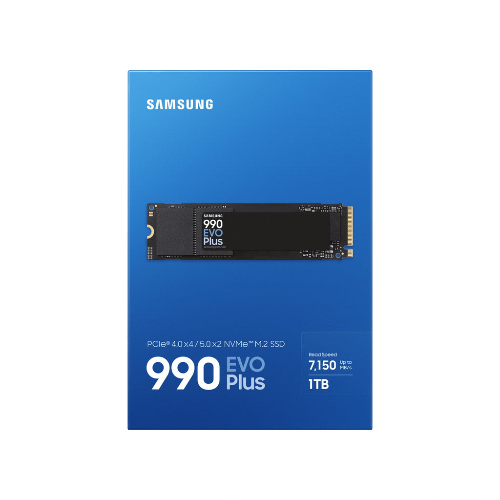 Samsung 990 EVO Plus 1 To — face de l’emballage du SSD M.2 NVMe PCIe 4.0 x4 / 5.0 x2 sur fond blanc carré — réf. MZ-V9S1T0BW