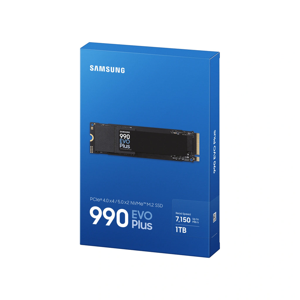 Samsung 990 EVO Plus 1 To — emballage en perspective du SSD M.2 NVMe PCIe 4.0 x4 / 5.0 x2 sur fond blanc carré — réf. MZ-V9S1T0BW
