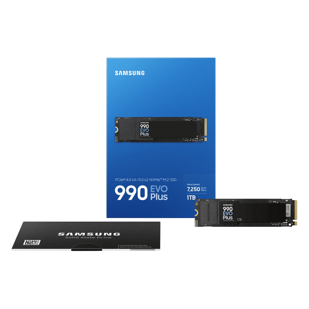 Samsung 990 EVO Plus 1 To — contenu de la boîte du SSD M.2 NVMe PCIe 4.0 x4 / 5.0 x2 sur fond blanc carré — réf. MZ-V9S1T0BW