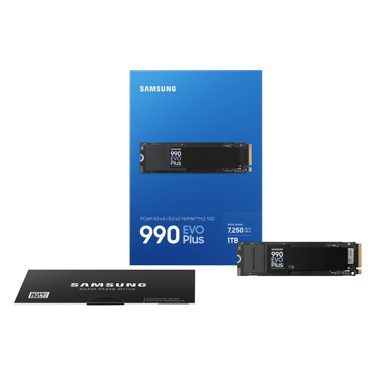 Samsung 990 EVO Plus 1 To — contenu de la boîte du SSD M.2 NVMe PCIe 4.0 x4 / 5.0 x2 sur fond blanc carré — réf. MZ-V9S1T0BW