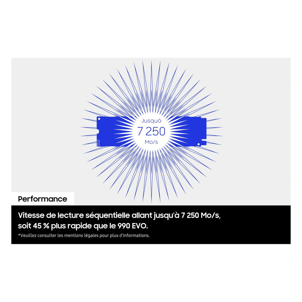 Samsung 990 EVO Plus 1 To — performances séquentielles du SSD M.2 NVMe PCIe 4.0 x4 / 5.0 x2 sur fond blanc carré — réf. MZ-V9S1T0BW