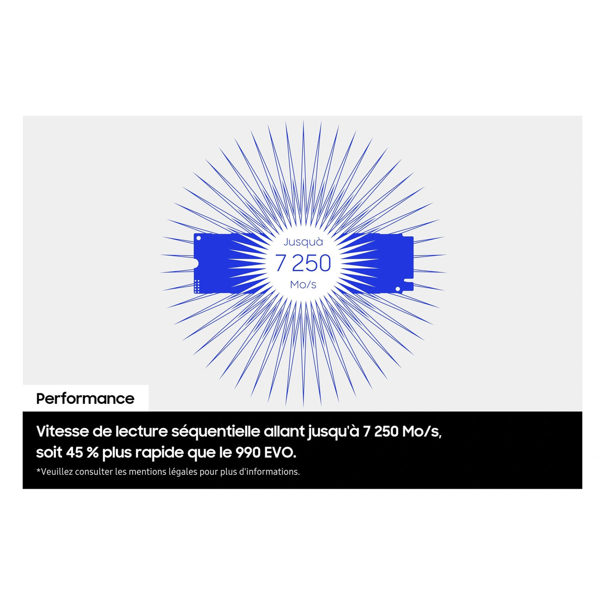 Samsung 990 EVO Plus 1 To — performances séquentielles du SSD M.2 NVMe PCIe 4.0 x4 / 5.0 x2 sur fond blanc carré — réf. MZ-V9S1T0BW