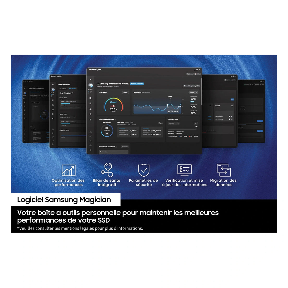 Samsung 990 EVO Plus 1 To — logiciel Samsung Magician du SSD M.2 NVMe PCIe 4.0 x4 / 5.0 x2 sur fond blanc carré — réf. MZ-V9S1T0BW