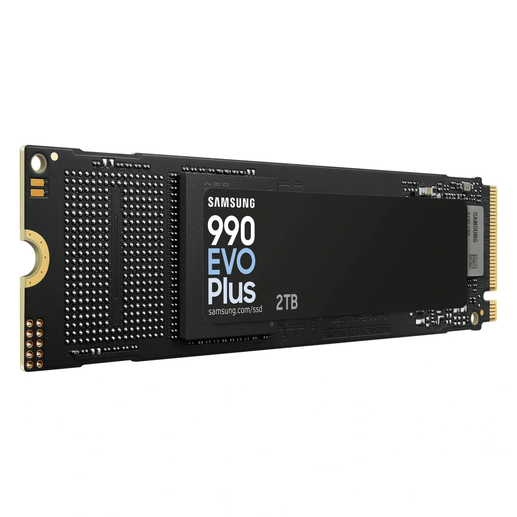 Samsung 990 EVO Plus 2 To — vue en perspective gauche du SSD M.2 NVMe PCIe 4.0 x4 / 5.0 x2 sur fond blanc carré — réf. MZ-V9S2T0BW