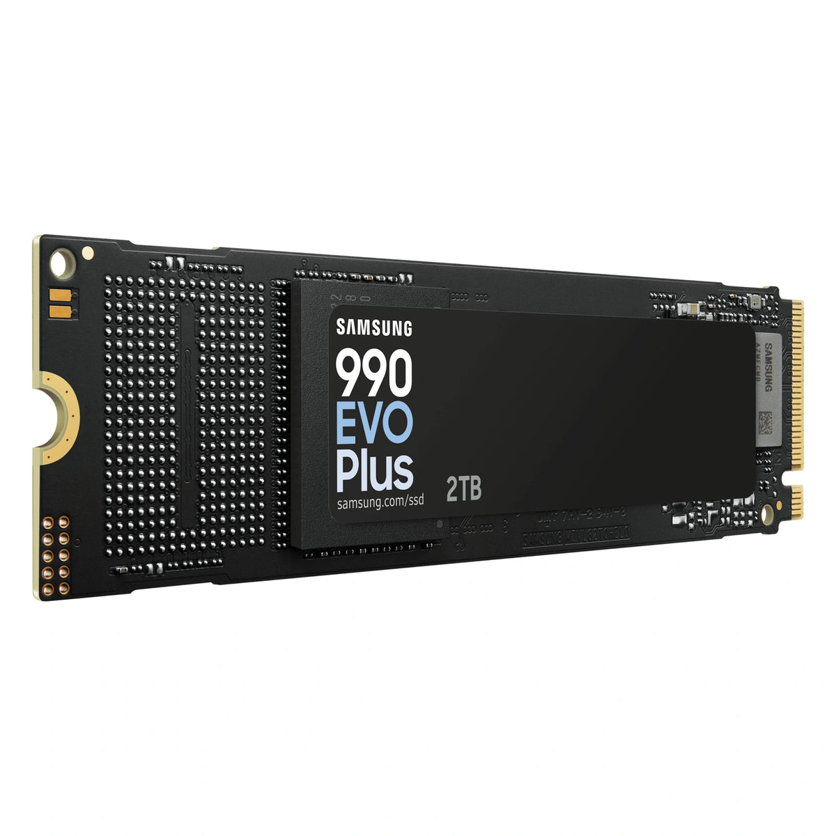 Samsung 990 EVO Plus 2 To — vue en perspective gauche du SSD M.2 NVMe PCIe 4.0 x4 / 5.0 x2 sur fond blanc carré — réf. MZ-V9S2T0BW