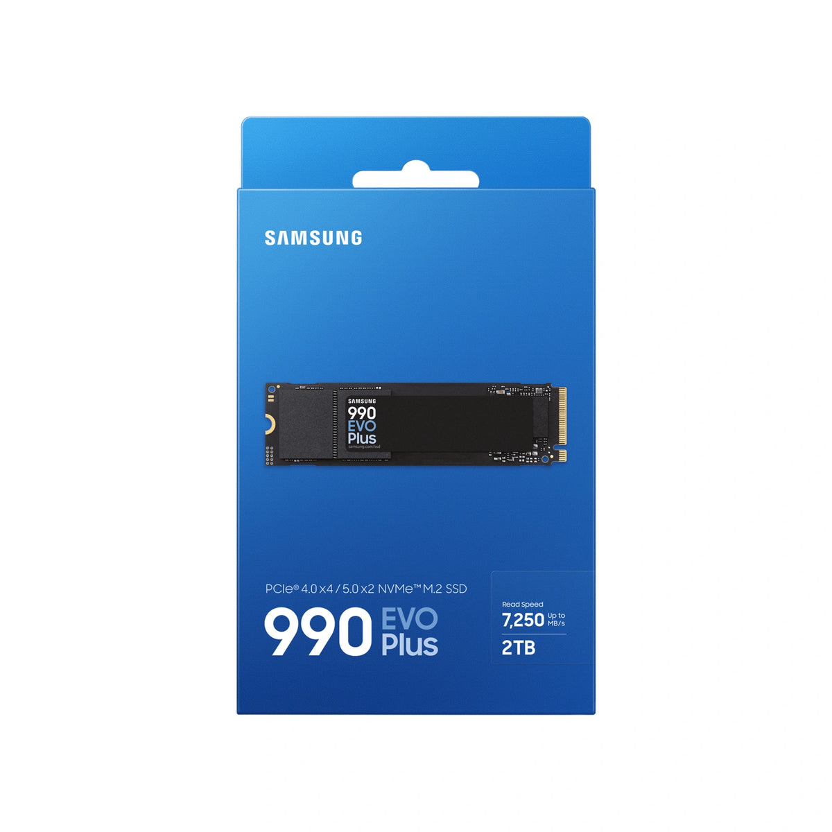 Samsung 990 EVO Plus 2 To — face de l’emballage du SSD M.2 NVMe PCIe 4.0 x4 / 5.0 x2 sur fond blanc carré — réf. MZ-V9S2T0BW