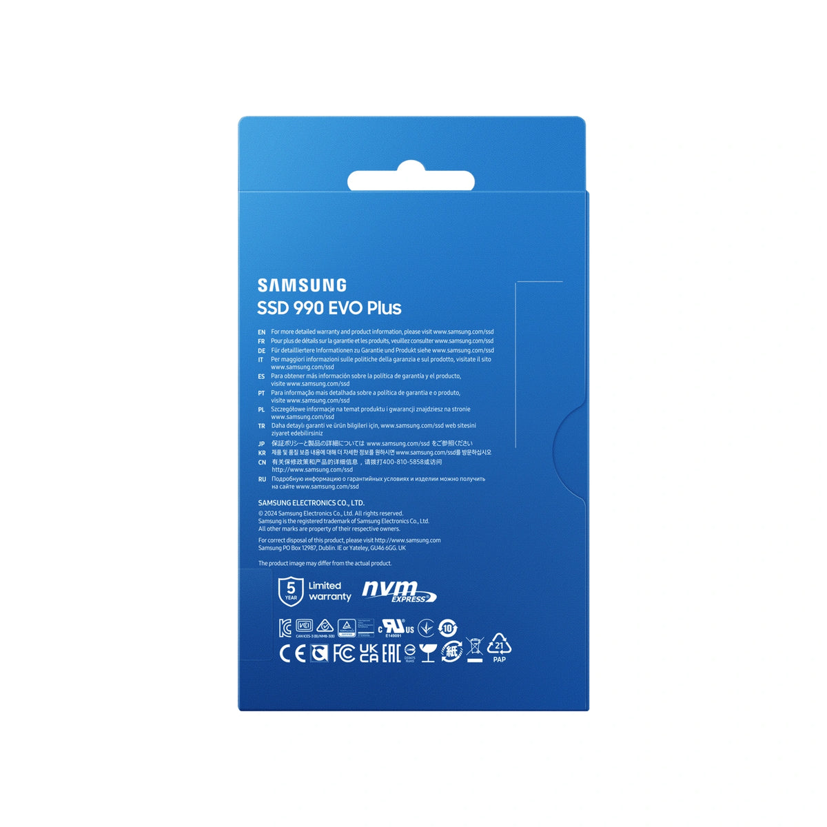 Samsung 990 EVO Plus 2 To — dos de l’emballage du SSD M.2 NVMe PCIe 4.0 x4 / 5.0 x2 sur fond blanc carré — réf. MZ-V9S2T0BW