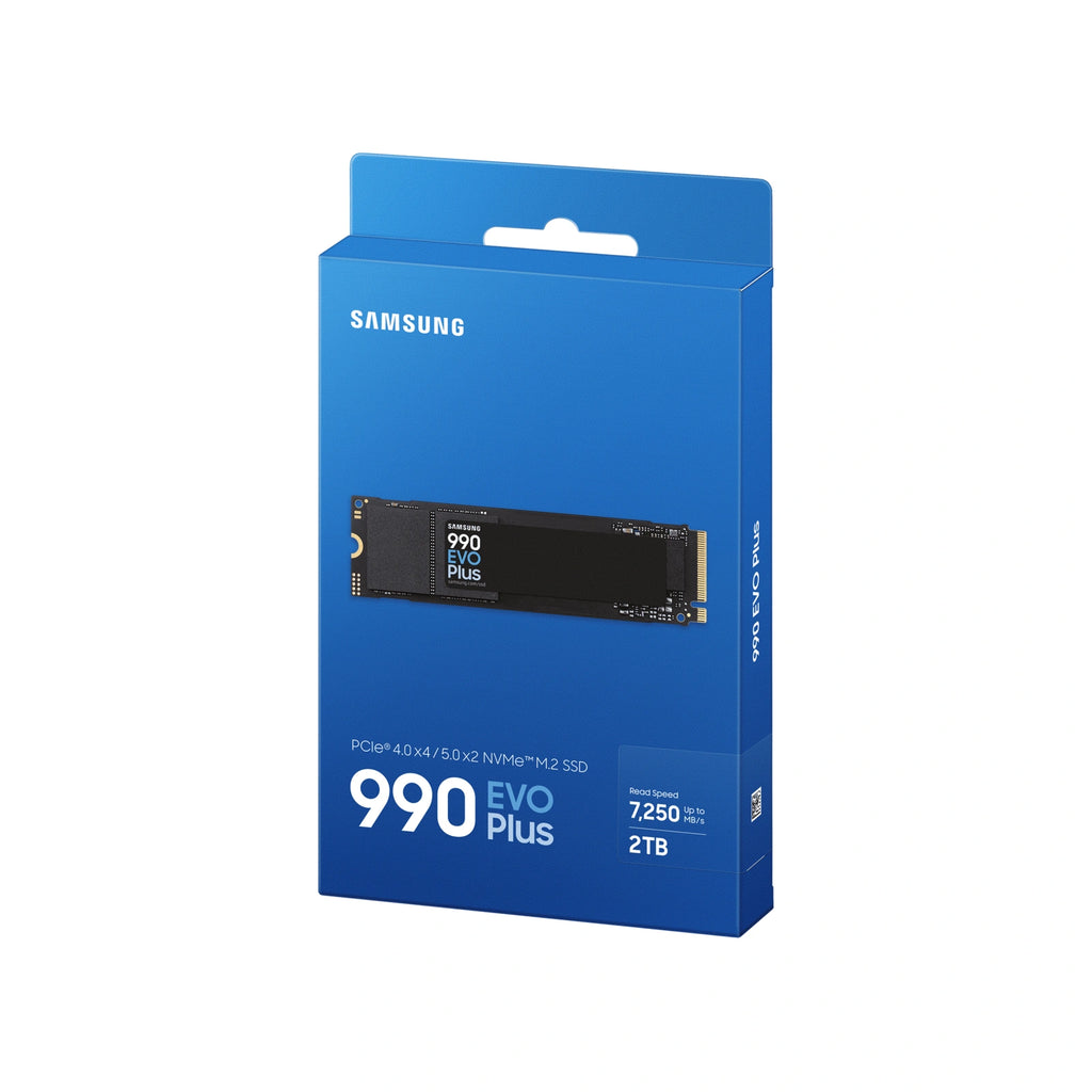 Samsung 990 EVO Plus 2 To — emballage en perspective du SSD M.2 NVMe PCIe 4.0 x4 / 5.0 x2 sur fond blanc carré — réf. MZ-V9S2T0BW