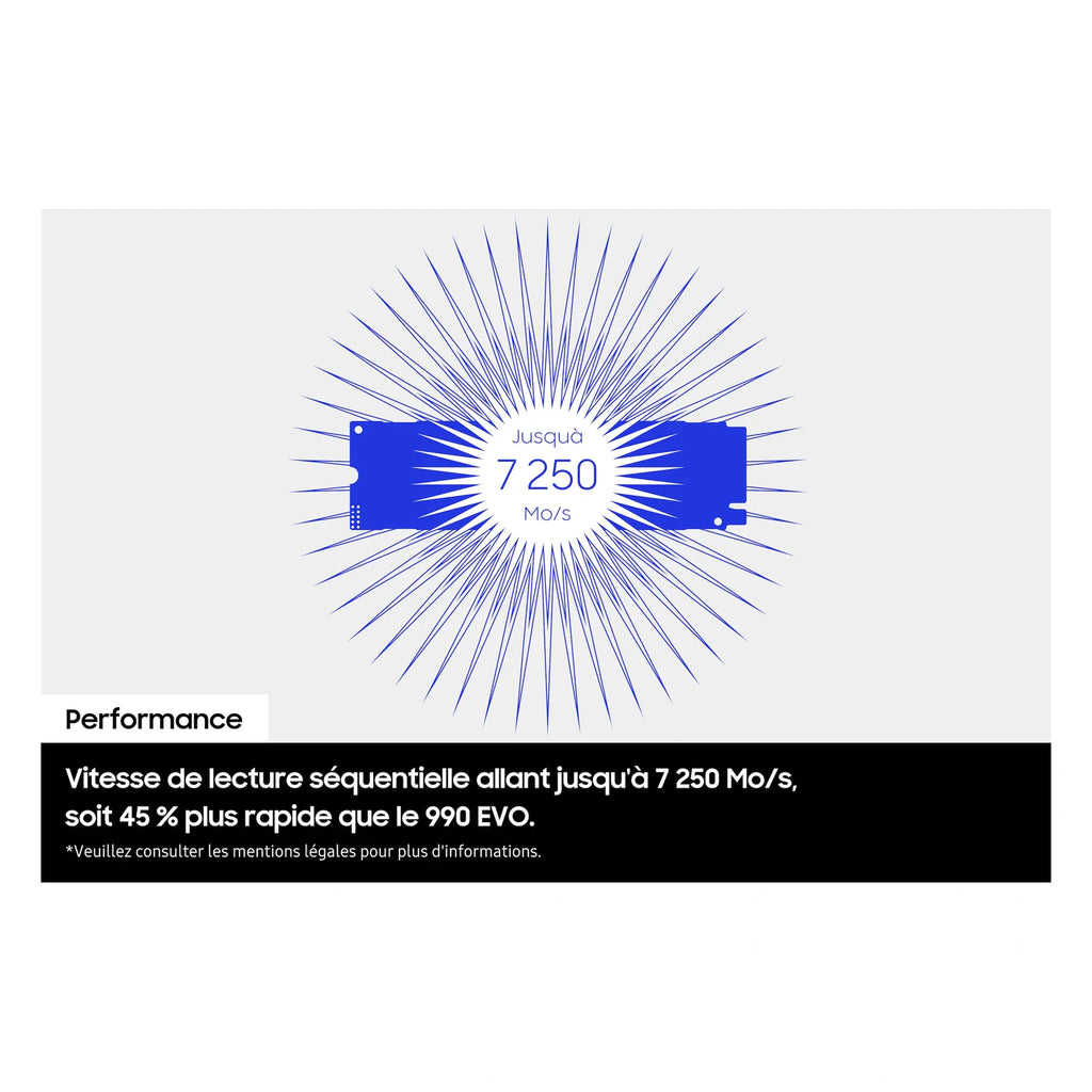 Samsung 990 EVO Plus 2 To — performances séquentielles du SSD M.2 NVMe PCIe 4.0 x4 / 5.0 x2 sur fond blanc carré — réf. MZ-V9S2T0BW