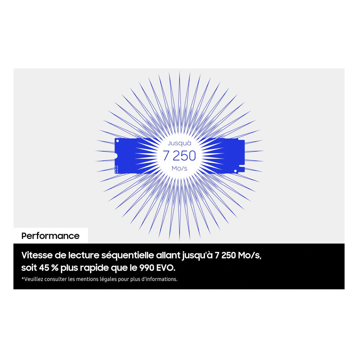 Samsung 990 EVO Plus 2 To — performances séquentielles du SSD M.2 NVMe PCIe 4.0 x4 / 5.0 x2 sur fond blanc carré — réf. MZ-V9S2T0BW
