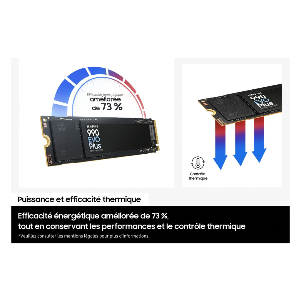Samsung 990 EVO Plus 2 To — efficacité énergétique et thermique du SSD M.2 NVMe PCIe 4.0 x4 / 5.0 x2 sur fond blanc carré — réf. MZ-V9S2T0BW