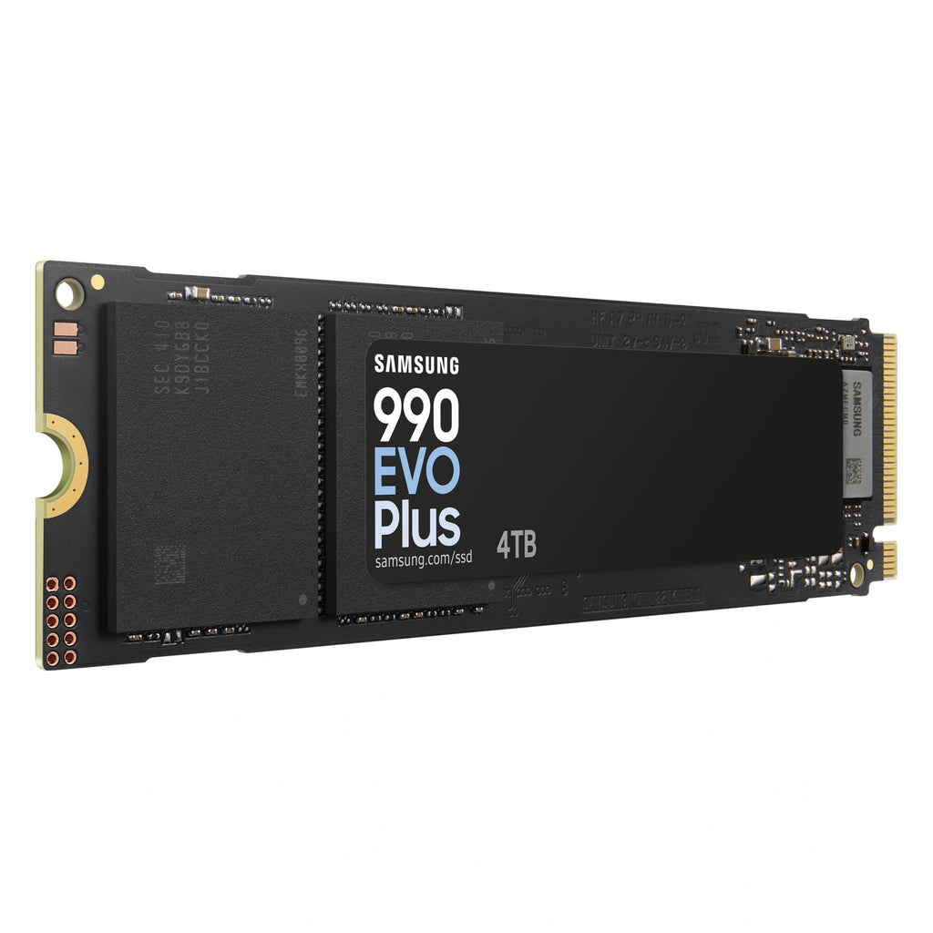 Samsung 990 EVO Plus 4 To — vue en perspective gauche du SSD M.2 NVMe PCIe 4.0 x4 / 5.0 x2 sur fond blanc carré — réf. MZ-V9S4T0BW