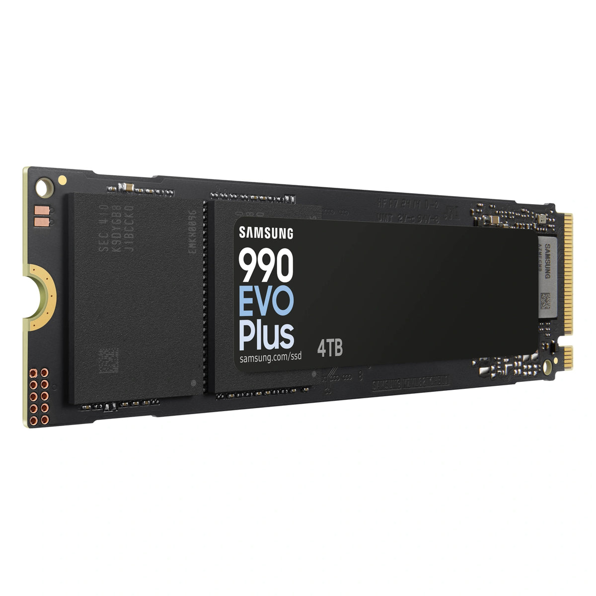 Samsung 990 EVO Plus 4 To — vue en perspective gauche du SSD M.2 NVMe PCIe 4.0 x4 / 5.0 x2 sur fond blanc carré — réf. MZ-V9S4T0BW