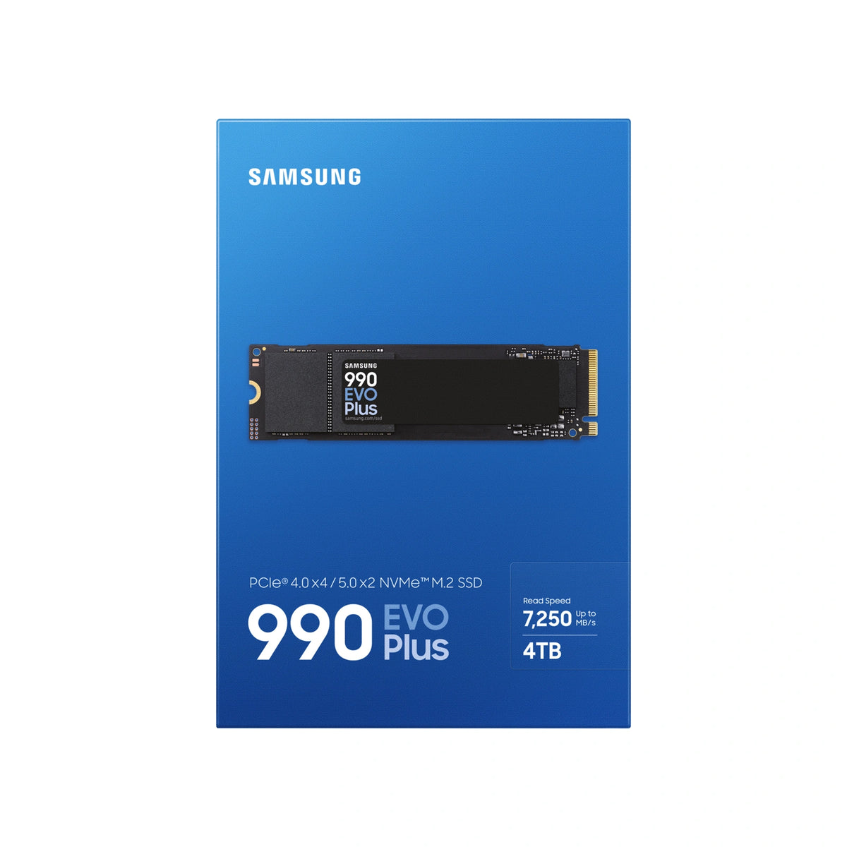 Samsung 990 EVO Plus 4 To — face de l’emballage du SSD M.2 NVMe PCIe 4.0 x4 / 5.0 x2 sur fond blanc carré — réf. MZ-V9S4T0BW