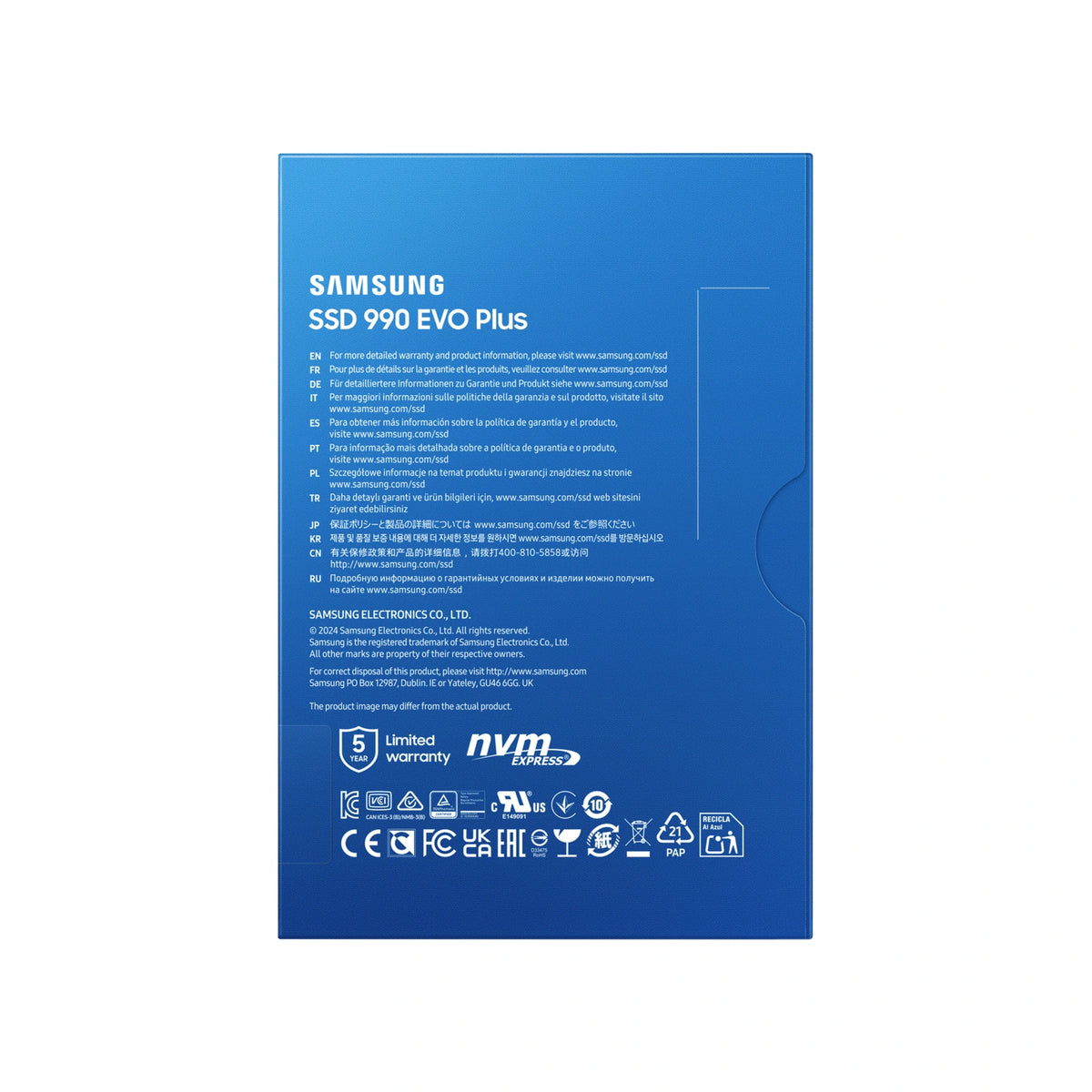 Samsung 990 EVO Plus 4 To — dos de l’emballage du SSD M.2 NVMe PCIe 4.0 x4 / 5.0 x2 sur fond blanc carré — réf. MZ-V9S4T0BW