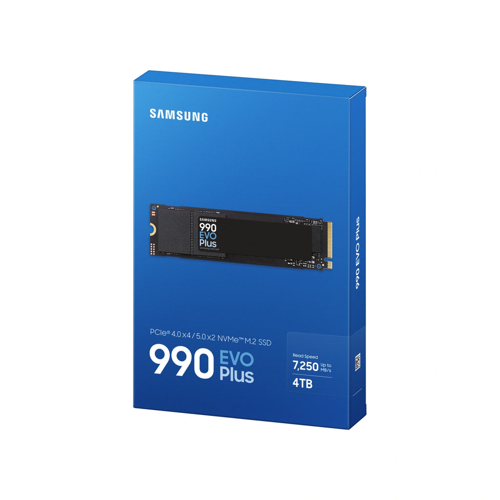 Samsung 990 EVO Plus 4 To — emballage en perspective du SSD M.2 NVMe PCIe 4.0 x4 / 5.0 x2 sur fond blanc carré — réf. MZ-V9S4T0BW