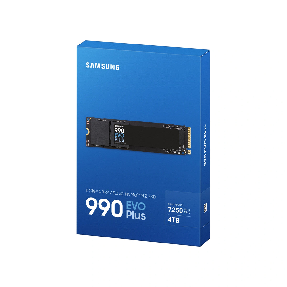 Samsung 990 EVO Plus 4 To — emballage en perspective du SSD M.2 NVMe PCIe 4.0 x4 / 5.0 x2 sur fond blanc carré — réf. MZ-V9S4T0BW