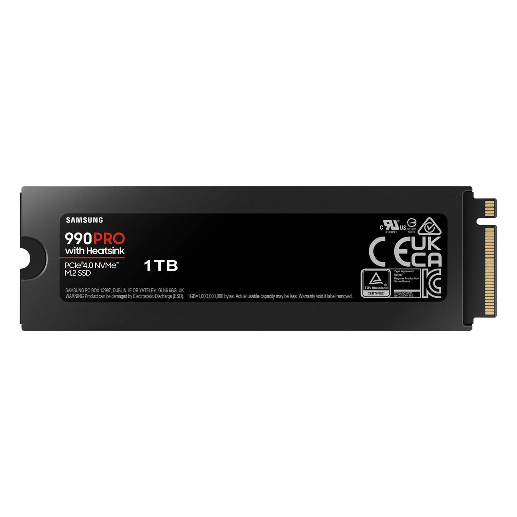Samsung 990 PRO 1 To avec dissipateur — vue arrière avec dissipateur du SSD M.2 NVMe PCIe 4.0 x4 sur fond blanc carré — réf. MZ-V9P1T0GW