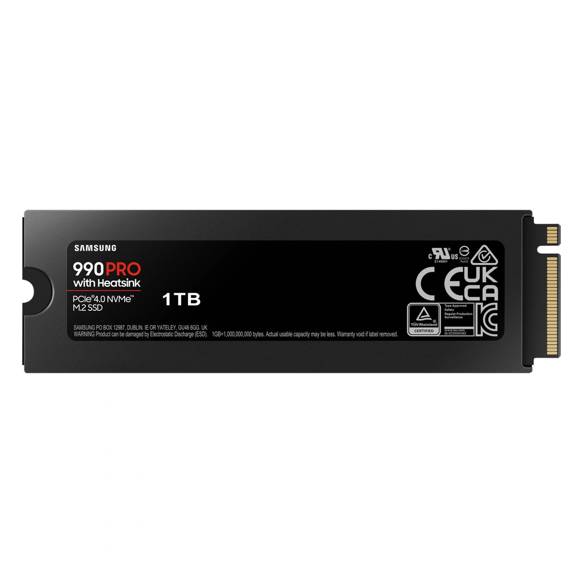 Samsung 990 PRO 1 To avec dissipateur — vue arrière avec dissipateur du SSD M.2 NVMe PCIe 4.0 x4 sur fond blanc carré — réf. MZ-V9P1T0GW