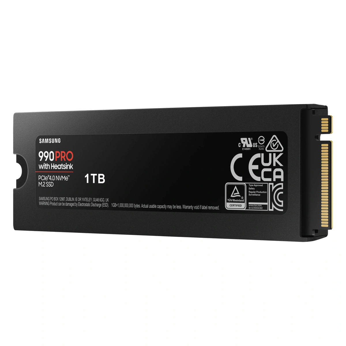 Samsung 990 PRO 1 To avec dissipateur — vue en perspective droite côté étiquette du SSD M.2 NVMe PCIe 4.0 x4 sur fond blanc carré — réf. MZ-V9P1T0GW
