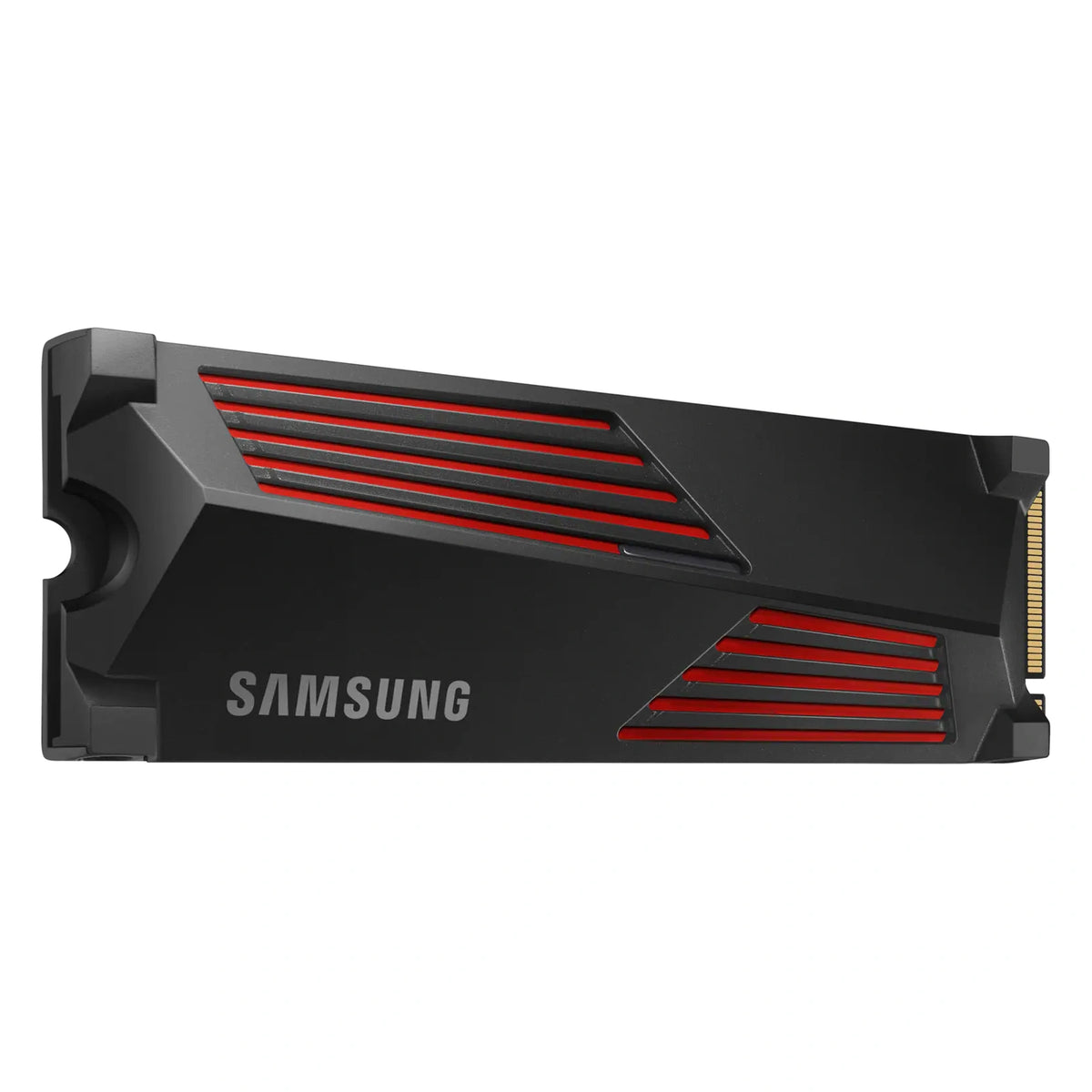 Samsung 990 PRO 1 To avec dissipateur — vue en perspective gauche du SSD M.2 NVMe PCIe 4.0 x4 sur fond blanc carré — réf. MZ-V9P1T0GW