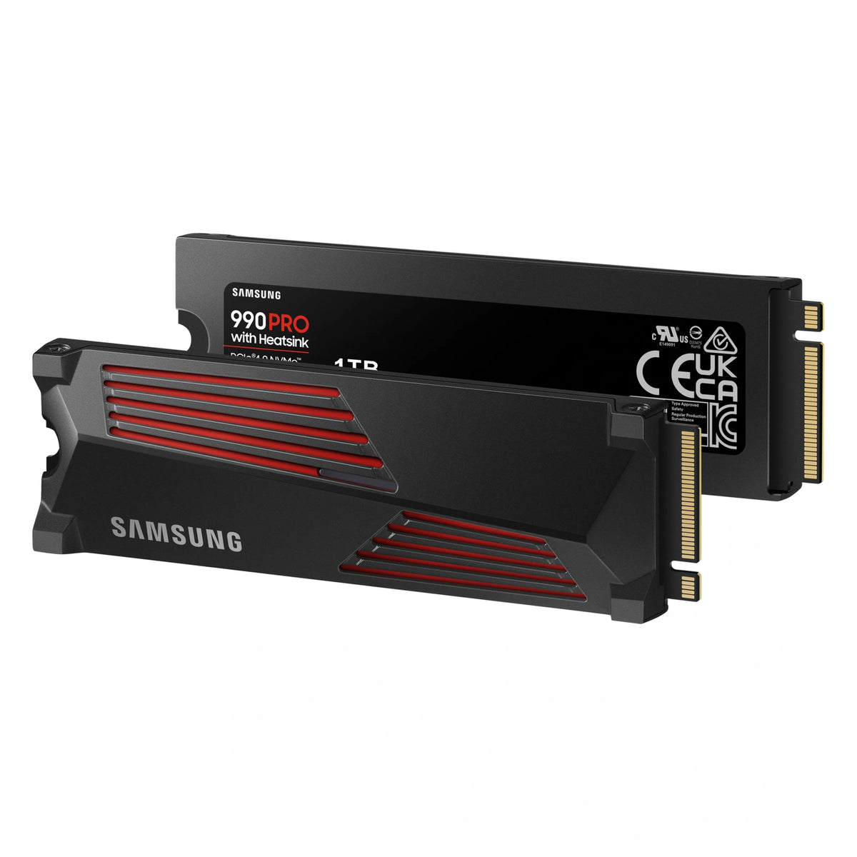 Samsung 990 PRO 1 To avec dissipateur — double vue du SSD avec dissipateur du SSD M.2 NVMe PCIe 4.0 x4 sur fond blanc carré — réf. MZ-V9P1T0GW