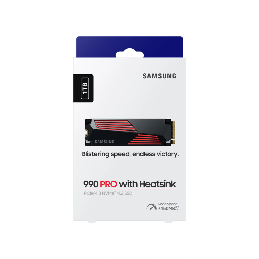 Samsung 990 PRO 1 To avec dissipateur — face de l’emballage du SSD M.2 NVMe PCIe 4.0 x4 sur fond blanc carré — réf. MZ-V9P1T0GW