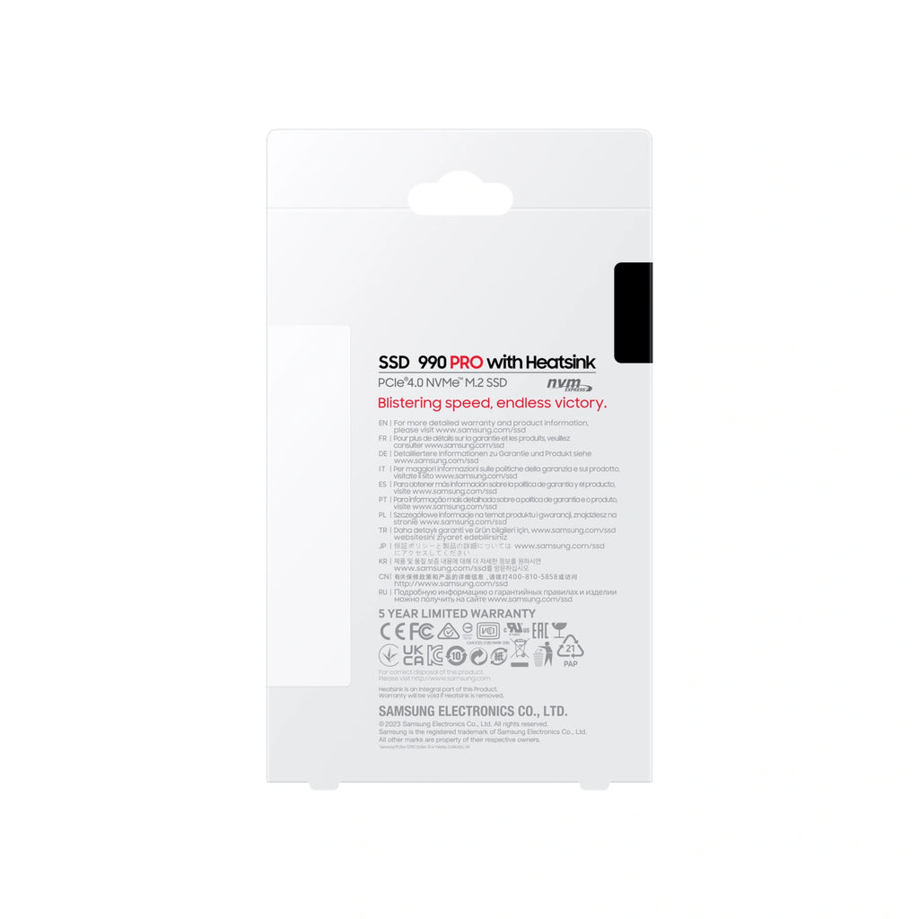 Samsung 990 PRO 1 To avec dissipateur — dos de l’emballage du SSD M.2 NVMe PCIe 4.0 x4 sur fond blanc carré — réf. MZ-V9P1T0GW