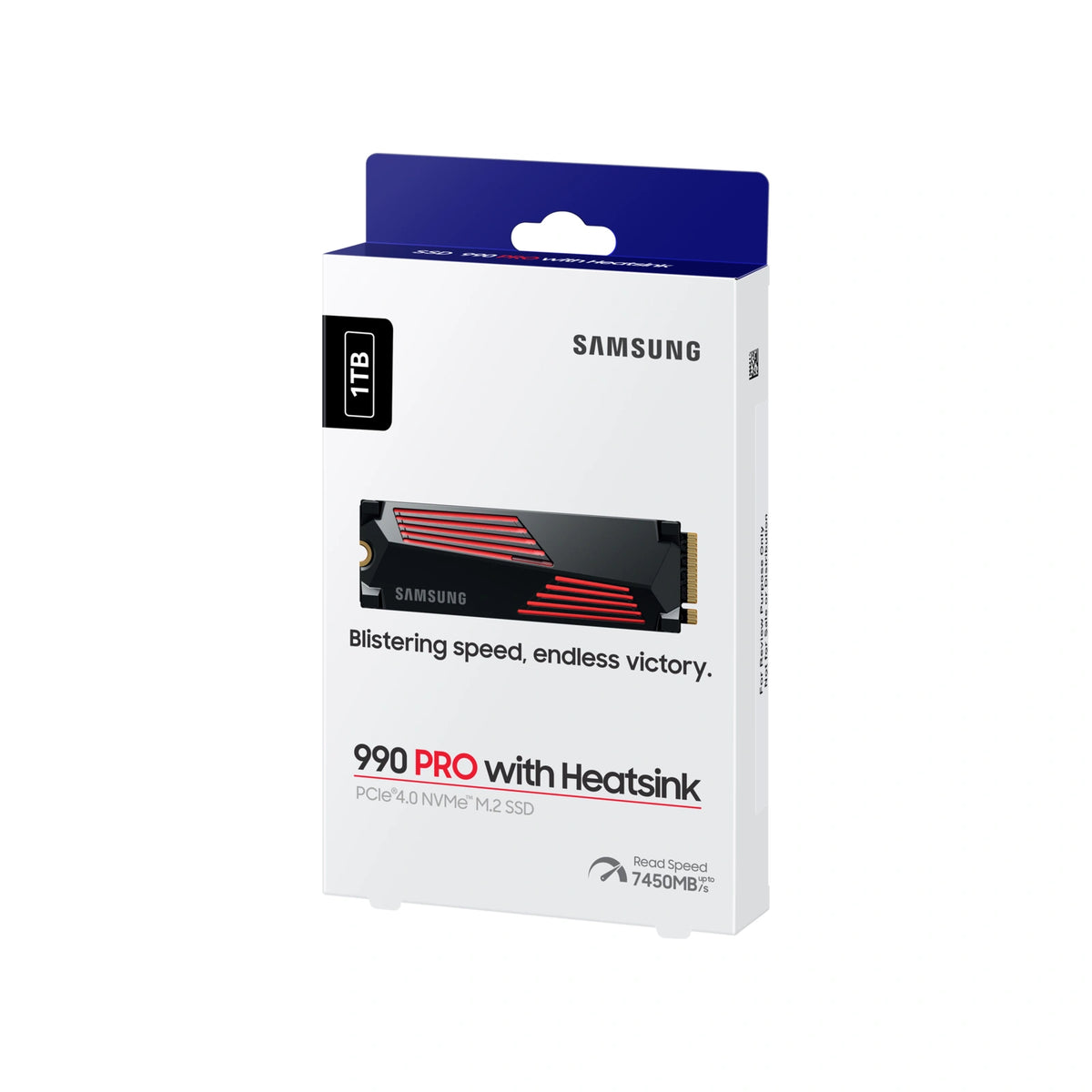 Samsung 990 PRO 1 To avec dissipateur — emballage en perspective du SSD M.2 NVMe PCIe 4.0 x4 sur fond blanc carré — réf. MZ-V9P1T0GW
