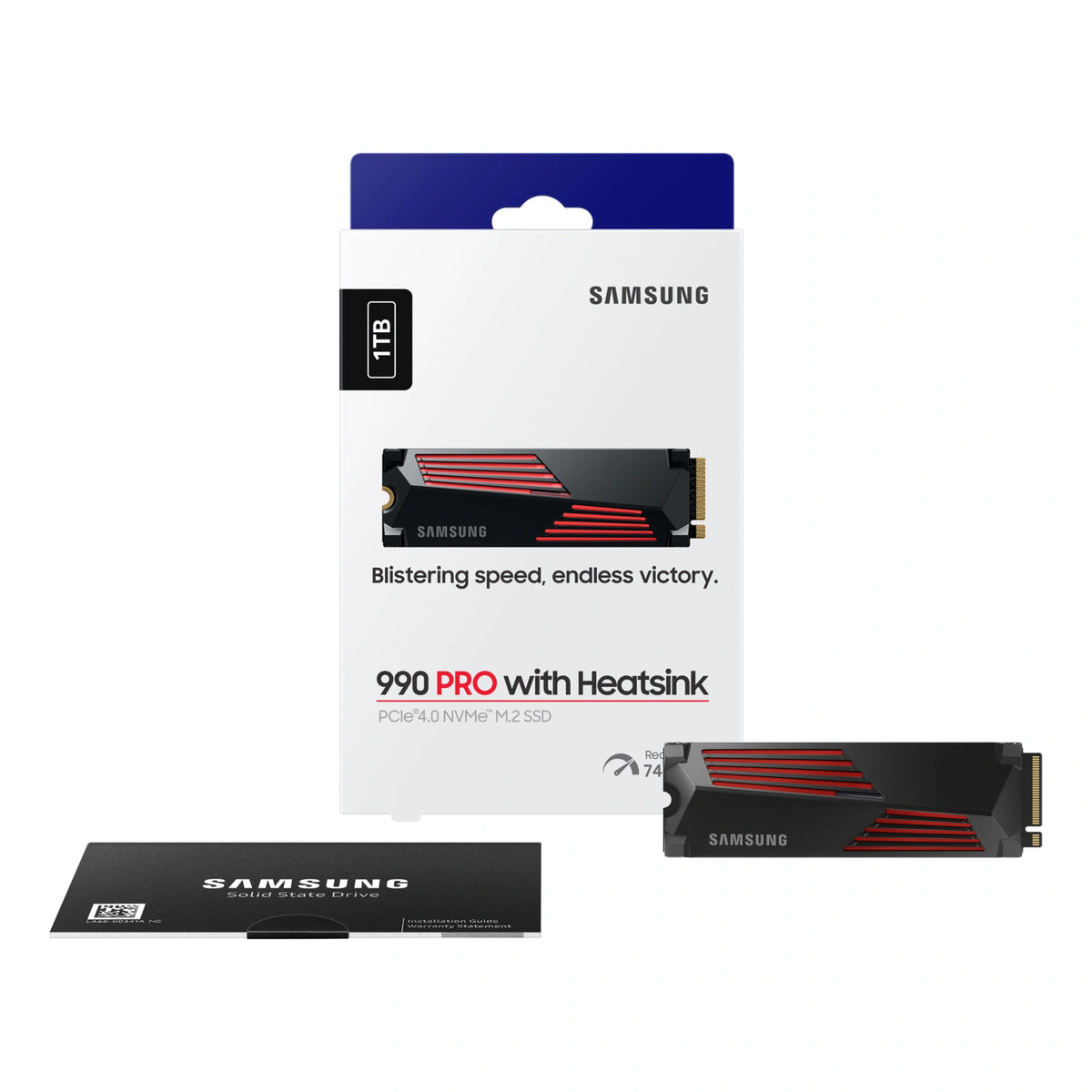 Samsung 990 PRO 1 To avec dissipateur — contenu de la boîte du SSD M.2 NVMe PCIe 4.0 x4 sur fond blanc carré — réf. MZ-V9P1T0GW