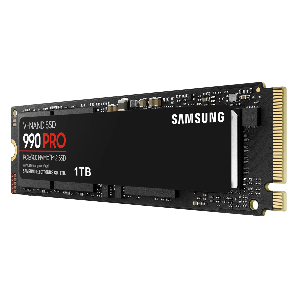 Samsung 990 PRO 1 To — vue en perspective droite du SSD M.2 NVMe PCIe 4.0 x4 sur fond blanc carré — réf. MZ-V9P1T0BW