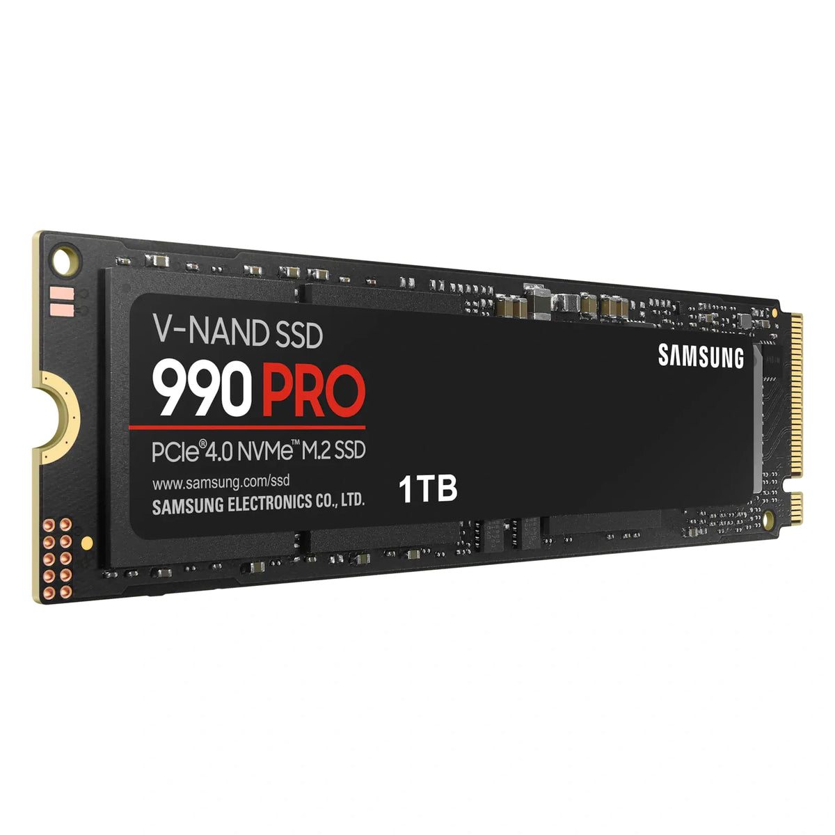 Samsung 990 PRO 1 To — vue en perspective gauche du SSD M.2 NVMe PCIe 4.0 x4 sur fond blanc carré — réf. MZ-V9P1T0BW