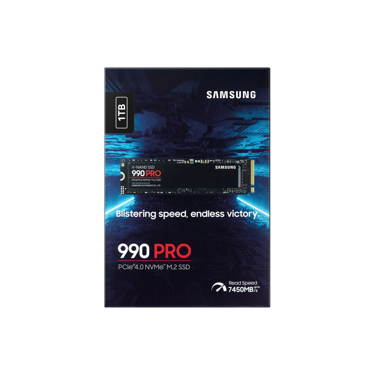 Samsung 990 PRO 1 To — face de l’emballage du SSD M.2 NVMe PCIe 4.0 x4 sur fond blanc carré — réf. MZ-V9P1T0BW