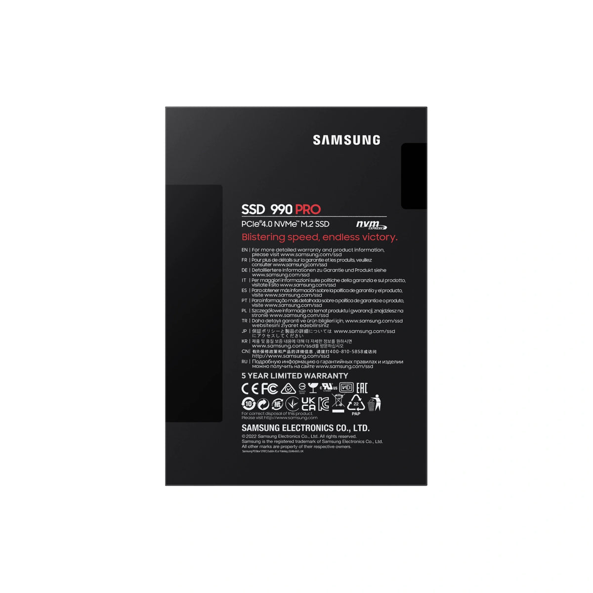 Samsung 990 PRO 1 To — dos de l’emballage du SSD M.2 NVMe PCIe 4.0 x4 sur fond blanc carré — réf. MZ-V9P1T0BW