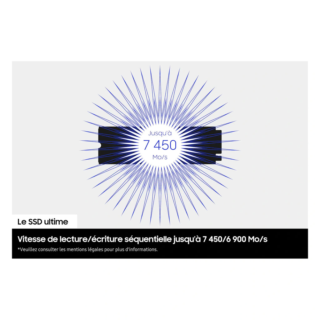 Samsung 990 PRO 1 To — performances séquentielles du SSD M.2 NVMe PCIe 4.0 x4 sur fond blanc carré — réf. MZ-V9P1T0BW