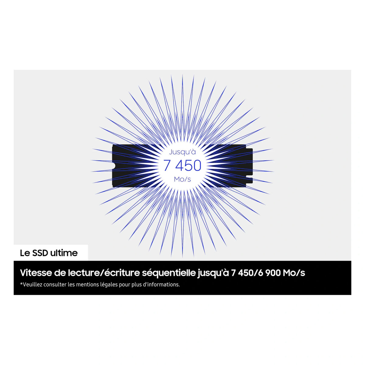 Samsung 990 PRO 1 To — performances séquentielles du SSD M.2 NVMe PCIe 4.0 x4 sur fond blanc carré — réf. MZ-V9P1T0BW