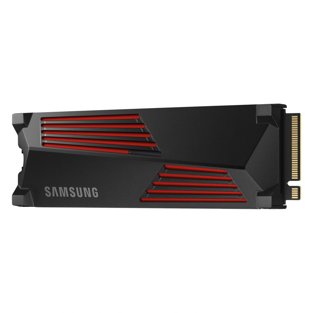Samsung 990 PRO 2 To avec dissipateur — vue en perspective droite du SSD M.2 NVMe PCIe 4.0 x4 sur fond blanc carré — réf. MZ-V9P2T0GW